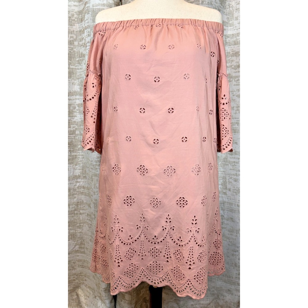 Madewell Off Shoulder Eyelet Dress 10 Dusty Rose Embroidered Bell Sleeve Lined - Picture 3 of 11